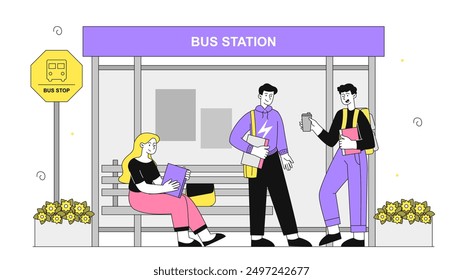 People at bus station. Man and woman sitting at bus stop and waiting for public transport. City infrastructure. Travel and transportation. Linear vector illustration isolated on white background