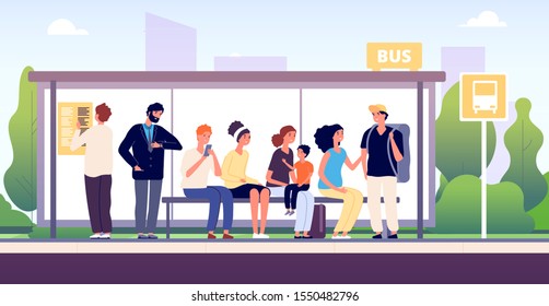 People at bus stop. City community transport, passengers waiting the buses standing together, urban public traffic cartoon vector concept
