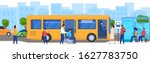 People at bus stop, disabled passenger in wheelchair, vector illustration. Men and women waiting for bus, modern public transportation in big city. Passengers cartoon characters, transport access