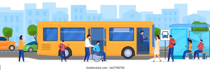 People at bus stop, disabled passenger in wheelchair, vector illustration. Men and women waiting for bus, modern public transportation in big city. Passengers cartoon characters, transport access