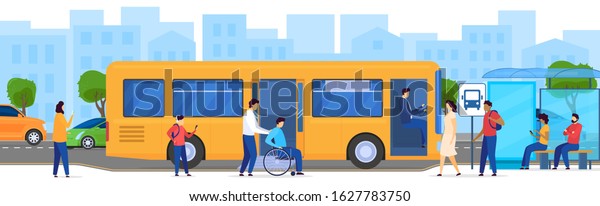 People at bus stop, disabled passenger in\
wheelchair, vector illustration. Men and women waiting for bus,\
modern public transportation in big city. Passengers cartoon\
characters, transport\
access