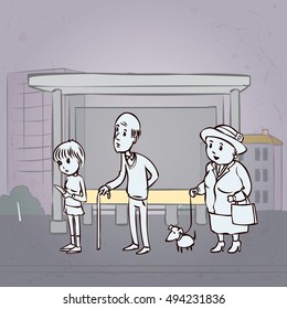 People at the bus stop. Hand drawn cartoon vector illustration.