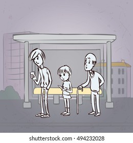 People at the bus stop. Hand drawn cartoon vector illustration.