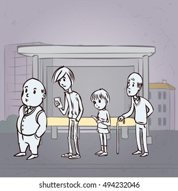 People at the bus stop. Hand drawn cartoon vector illustration.