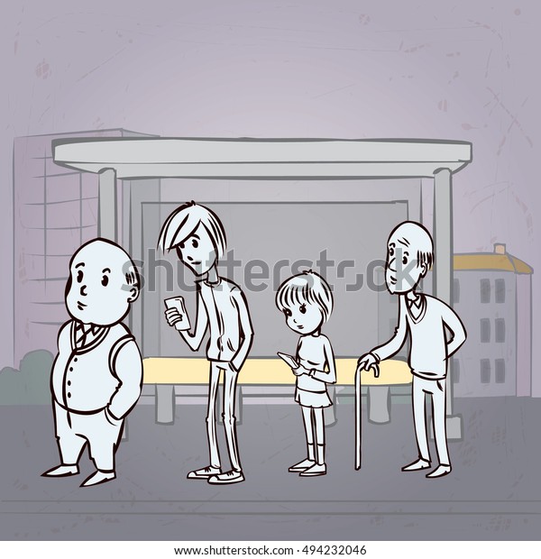 People at the bus stop. Hand drawn cartoon\
vector illustration.