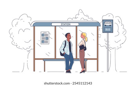 People at bus stop. Man and woman stand at bus stop and communicate. Passengers waiting for city transport. Urban infrastructure. Linear vector illustration isolated on white background