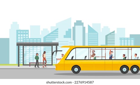 La gente en la parada de autobús. Hombres y mujeres esperando el transporte público, auto amarillo. Infraestructura urbana, comodidad y comodidad. Viaje y viaje, viaje. Dibujo vectorial plano de dibujos animados