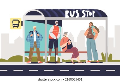 People at bus stop waiting for bus arrival. Group of passengers travel by public transport in city. Transportation concept. Cartoon flat vector illustration