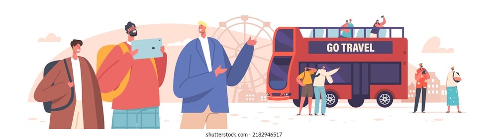 People in Bus Trip, Group Of Young And Senior Tourists Travel, Shoot Photo, Enjoy Sightseeing. Characters Stand Near Red Double Decker Autobus Vehicle during Road Voyage. Cartoon Vector Illustration