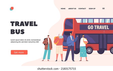 People in Bus Trip Landing Page Template. Group Tourists Travel, Shoot Photo, Enjoy Sightseeing. Characters Stand Near Red Double Decker Autobus Vehicle during Road Voyage. Cartoon Vector Illustration