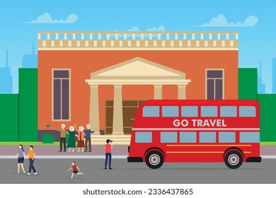 People in bus trip. Men and women stand next to vehicle and take pictures of sights 2d vector illustration concept for banner, website, illustration, landing page, flyer, etc