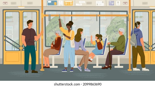 People in bus vector concept illustration. City public transport interior, sitting and standing passengers. People commute by bus
