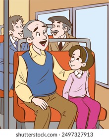 People in bus vector posters set. Urban public transport interior, sitting passengers.father and daughter.grandfather and grandson ride bus