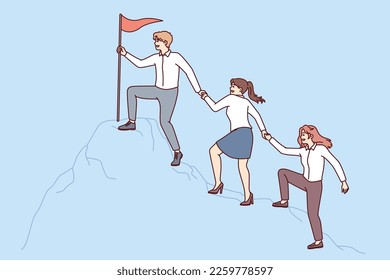 People in business attire climb mountain holding hands to reach flag at top. Concept of corporate leadership and success in career ladder with active interaction between employees