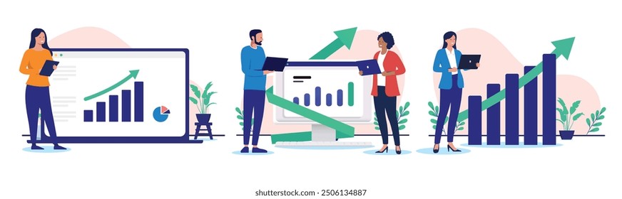 People and business charts collection - Set of vector illustration with computer workers looking t graphs and diagram showing growth and success. Flat design graphics with white background