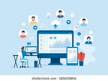 People business connecting online video conference connect for meeting remote working on dashboard finance graph monitor and work from home concept. flat vector illustration design