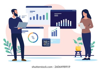 People and business data - Two businesspeople, man and woman standing using computers looking at charts, graphs and diagram information. Flat design vector illustration on white background