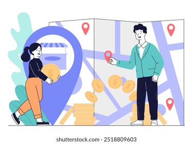 Pessoas com expansão de negócios. Homem e mulher perto do mapa enorme com marcas de GPS. Desenvolvimento de empresa e organização. Globalização e comércio internacional. Ilustração de vetor linear