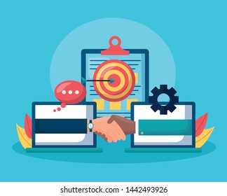 people business handshake tablet computer target communication vector illustration
