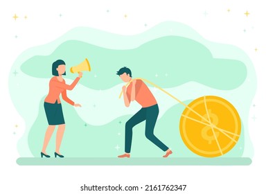 People in business industry vector, woman holding megaphone shouting on man flat style. Man with dollar coin pulling it with ropes, money tied hard. Flat cartoon
