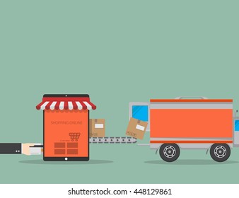 People business man use credit card to buy in shopping online on tablet with bill and carrying some boxes into Delivery vehicles