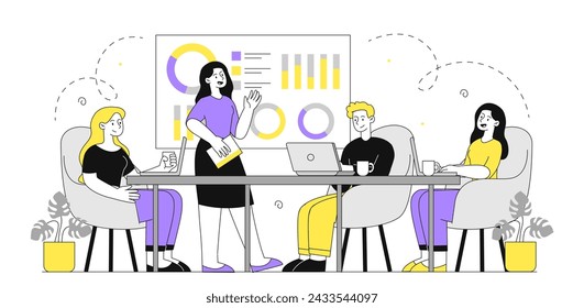 People business meeting simple. Man and women near graphs and diagrams. CEO brainstorming. Team of analysts conduct marketing research. Linear flat vector illustration isolated on white background