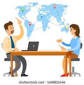 People at business meeting vector, man and woman discussing ideas of companies. Boss and employee map of world with pointers. Seminar of partners