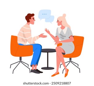 Personas en reuniones de negocios. Mujer y hombre hablando en el escritorio. Emprendedores o colegas que se comunican y discuten el proyecto en la oficina. Ilustración vectorial plana aislada sobre fondo blanco