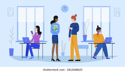 People in business office flat vector illustration. Cartoon woman colleague group of characters talk on break, office workers communicate using laptop, smartphone, business communication background