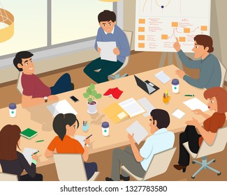 People In A Business Office Setting Are Holding A Business Meeting. Businessmen And Women Businessmen Discuss Plans And Lead Discussions. Bright Vector Illustration In A Tiny Style.