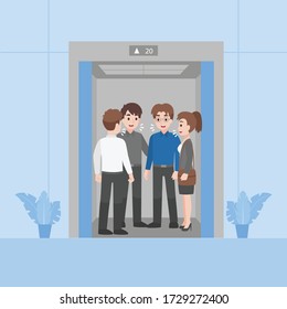 People in business outfits not have social distancing talk close and crowding risk to infected coronavirus standing in Elevator going to work, Health care concept.