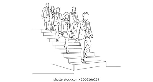 people in business outfits walking up the steps following a leader looking ahead continuous single line art drawing sketch on white background