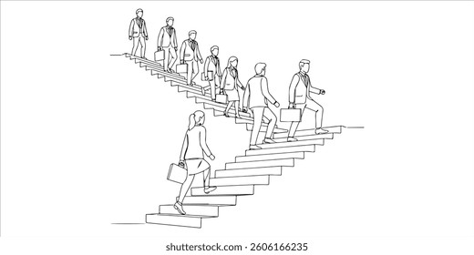 people in business outfits walking up the steps following a leader looking ahead continuous single line art drawing sketch on white background