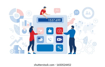 People Business Partner Calculating Financial Profit, Planning Budget, Carry Out Audit. Huge Calculator with Mobile and Social Media Widget Button. Tiny Man Woman. Graph and Chart. Vector Illustration