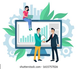 People business partners on meeting vector, man and woman working with information on laptop. Digital analysis of statistics and given data handshake