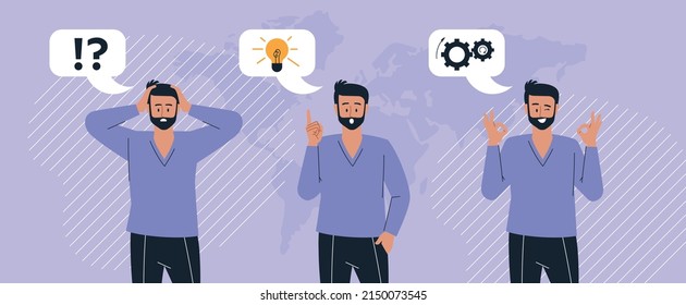 People and business process. Man with different gestures and emotions. Stages of work: problem, search for an idea, implementation of the task. Set of illustrations. Vector image.