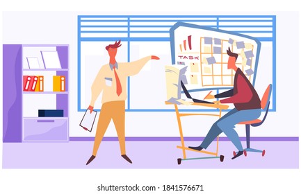 People business project presentation with team. A man is standing near desk explaining the action plan to a colleague is sitting at a table and writing in a notebook in office room interior - Powered by Shutterstock - Get 15% off with code: PIKWIZARD15
