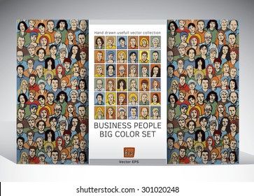 People business seamless pattern and icons set. Collection with wallpaper crowd seamless pattern and characters icons. Color vector illustration.