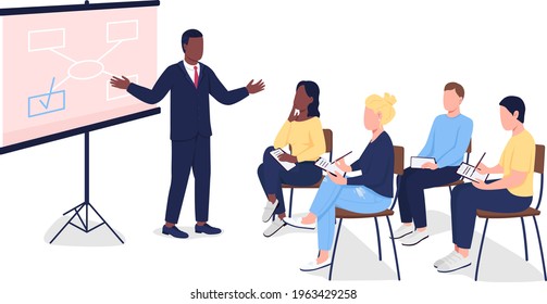 People at business seminar flat color vector faceless characters. Tutor teaching students. Professional at marketing training isolated cartoon illustration for web graphic design and animation