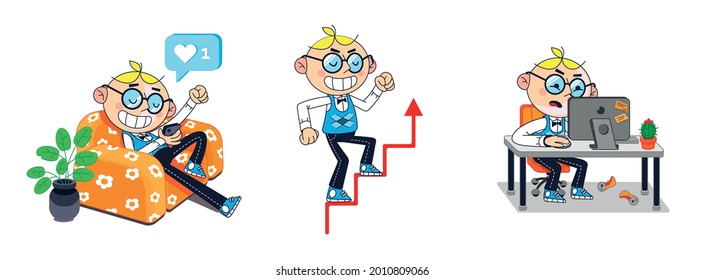 people of business set. funny guy sitting in a chair with a smartphone, making a profit on the stock exchange, tired man at the computer