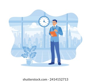 People in business standing against the urban landscape background. Using a digital tablet in a modern office. Digital business concept. Flat vector illustration.