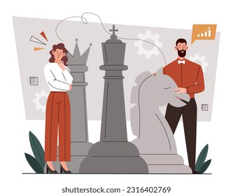 People with business strategy concept. Man and woman near chess pieces. Planning and setting goals, tasks, vision of future. Entrepreneur and investor. Cartoon flat vector illustration