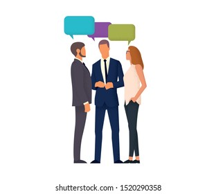 People In Business Suits Communicate In A Tight Group. Business Partners Are Discussing. People Enjoy Communication. Vector Illustration