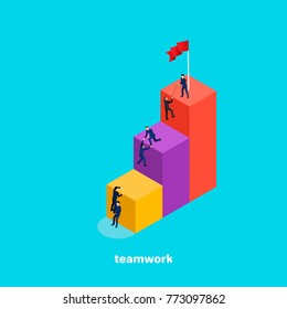 people in business suits help each other on the top of the diagram, the image is isometric style