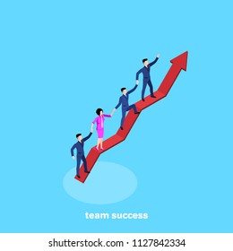 people in business suits holding hands climb a big red arrow similar to the diagram, isometric image