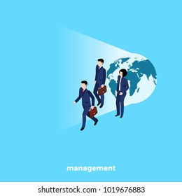 people in business suits on the background of the globe, isometric image