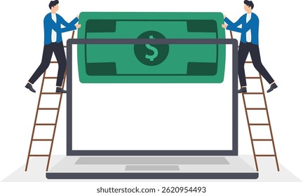 people in business suits put a money in the computer monitor,

