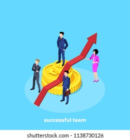 people in business suits stand next to a growing arrow and gold coins, isometric image
