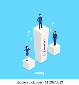 people in business suits stand on columns of a rating of different heights, an isometric image