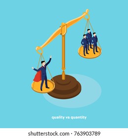 people in business suits stand on the scales, one super professional outweighs the importance of three specialists, an isometric image